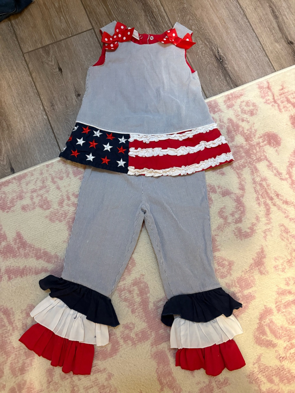 Girls' Americana Navy & Red Striped Ruffle Bottoms